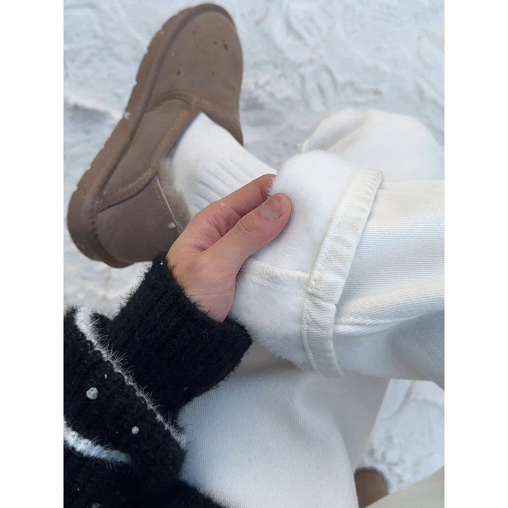 cleanfit白色加绒牛仔裤男款冬季美式微喇工装裤子防寒窄版直筒裤