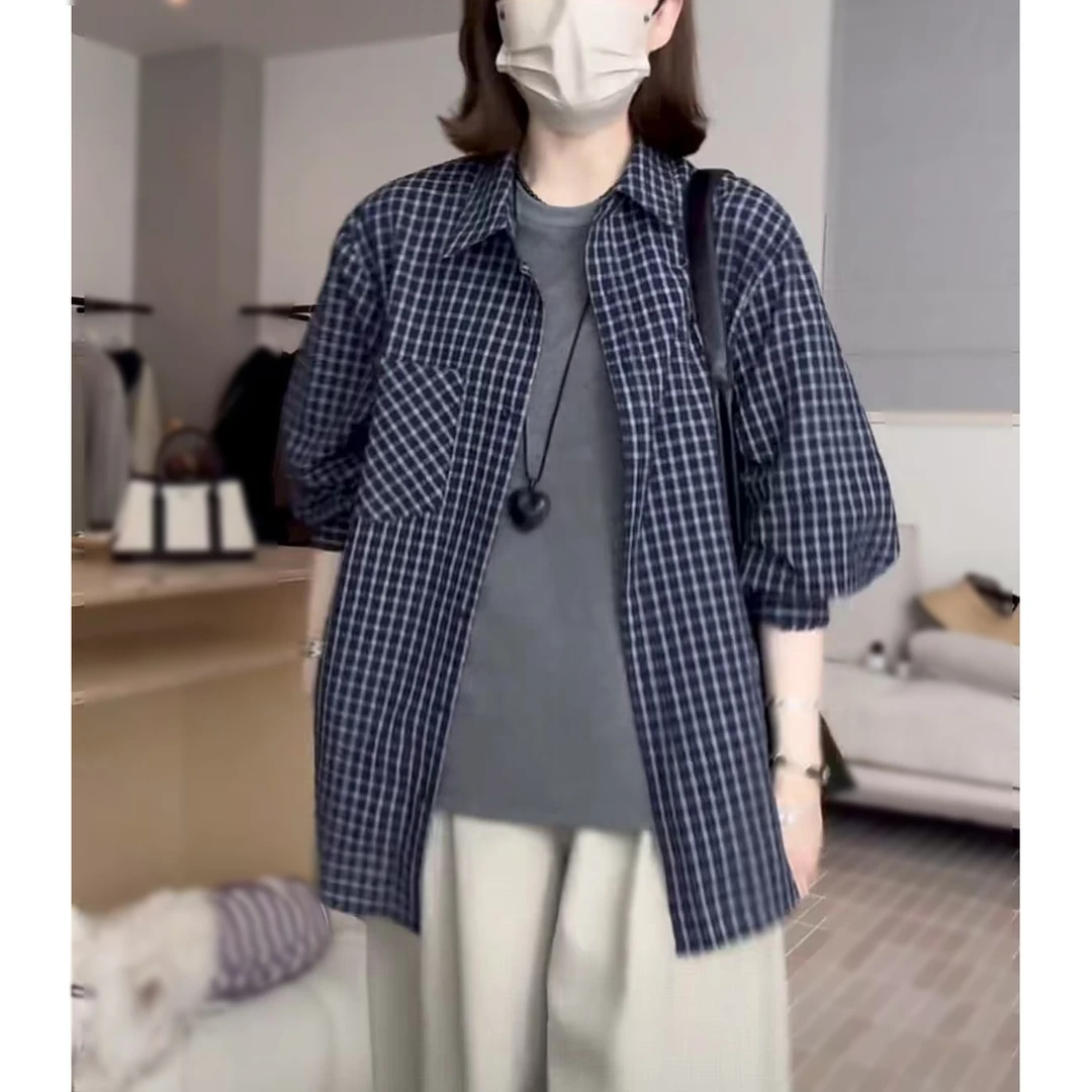 秋季成人纽扣口袋格纹长袖衬衫女装显瘦衬衣气质