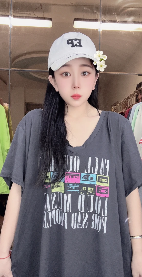 外贸纯棉T恤灰色多巴胺V领