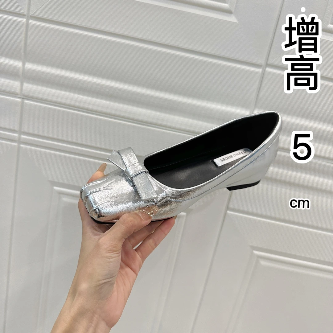 少女猪鼻子增高5公分银色浅口蝴蝶结芭蕾鞋法式通勤女鞋显瘦外穿