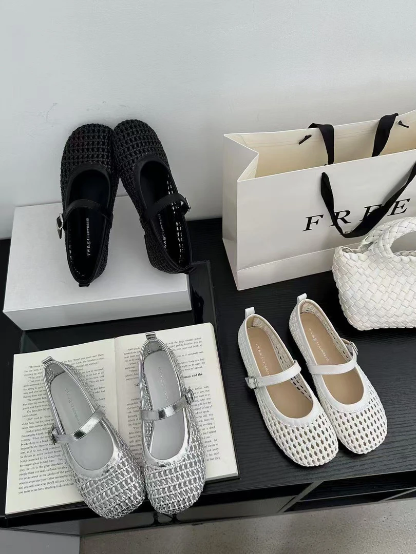 编织圆头夏季浅口简约时尚单鞋平底凉鞋一字扣