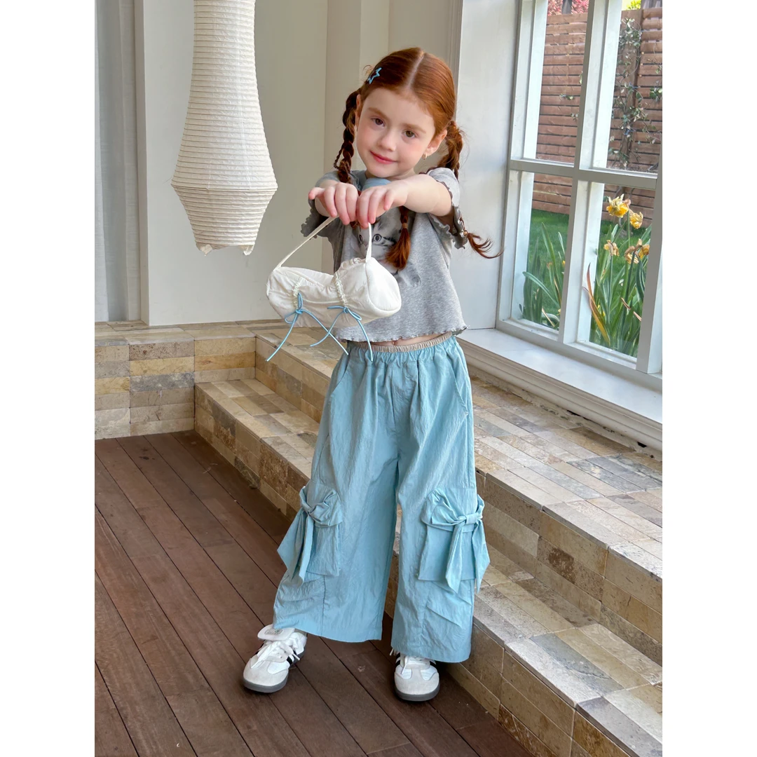 57201新款夏季甜酷女童短袖T恤工装裤童装两件套儿童可爱针织衫