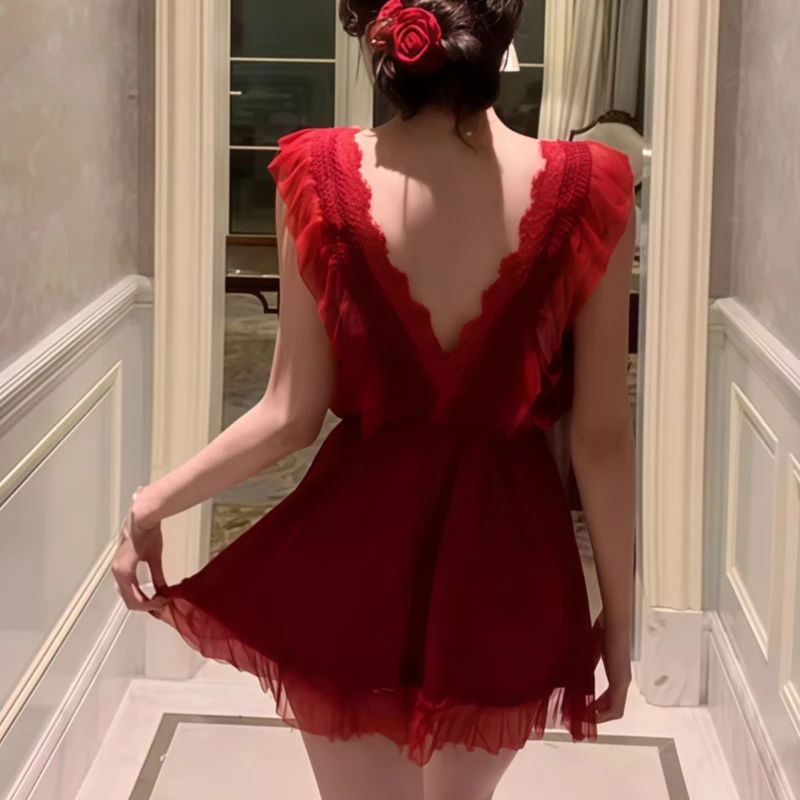 睡衣秋冬款性感套装小胸蕾丝睡裙2025新款家居服女黑色蕾丝吊带裙