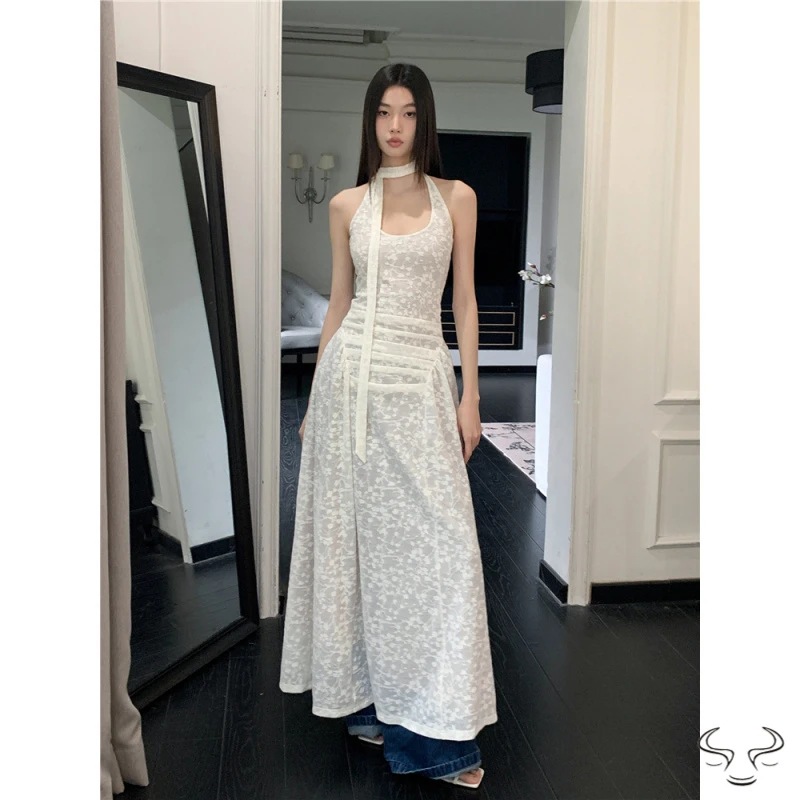 美式辣妹无袖高级感度假风挂脖碎花叠穿长裙