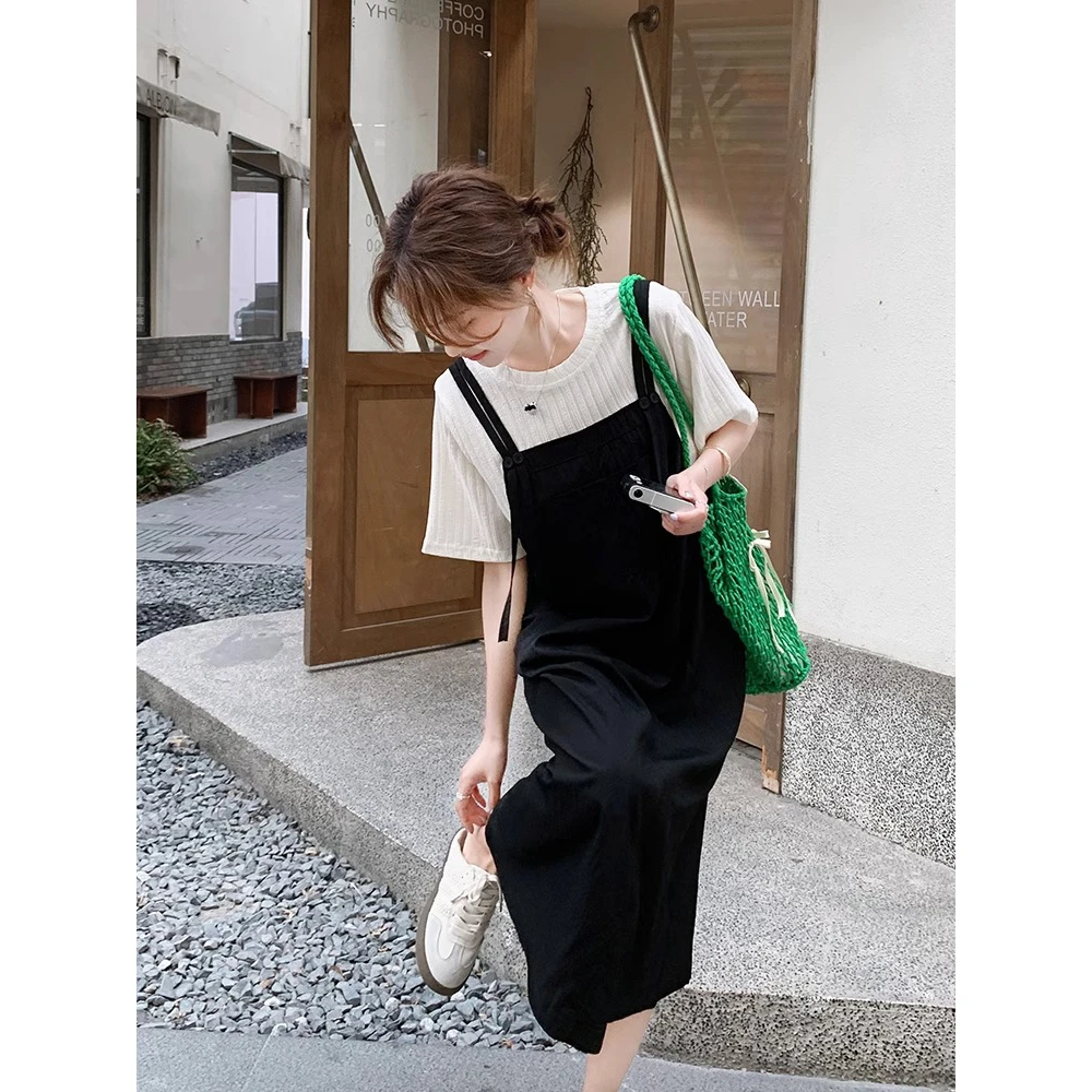黑白拼接假两件t恤连衣裙女夏季2025年新款韩版学院风减龄背带裙