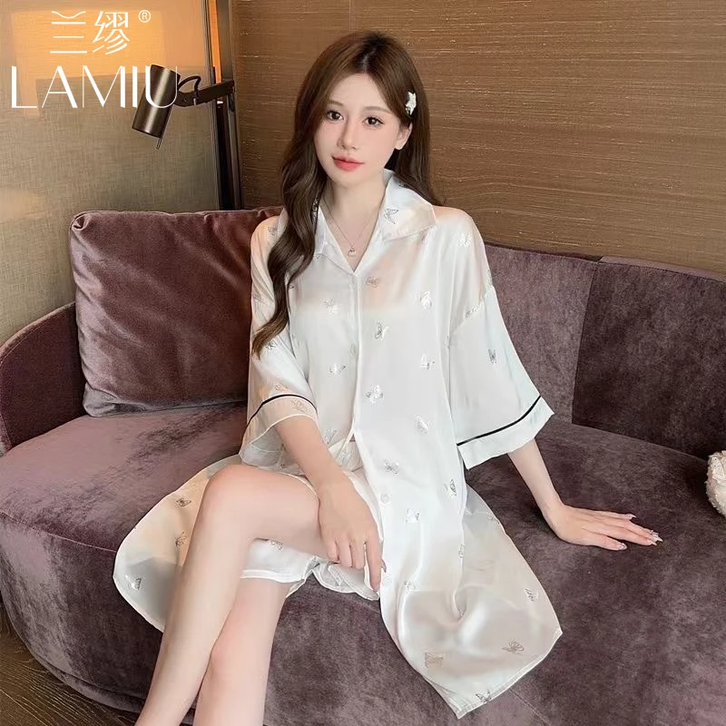 新款性感睡裙女夏季冰丝薄款纯欲男友风衬衫裙宽松睡衣家居服套装