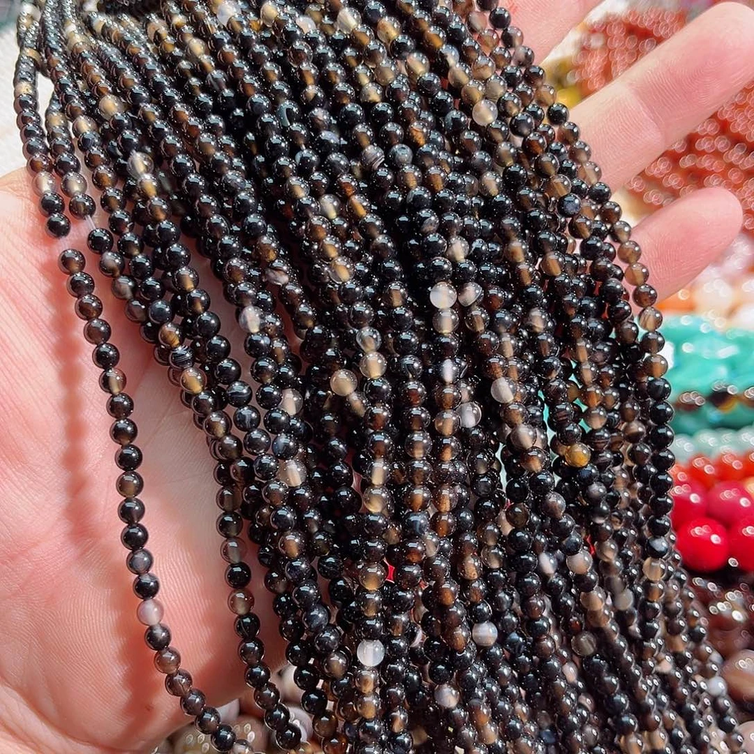 玛瑙/玉髓未镶嵌珠宝半成品黑玛瑙4mm两条