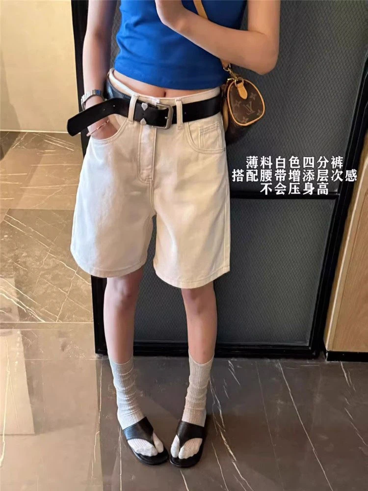 2025夏季新款纯白色抗皱牛仔四分裤高腰直筒显瘦百搭基础款中裤