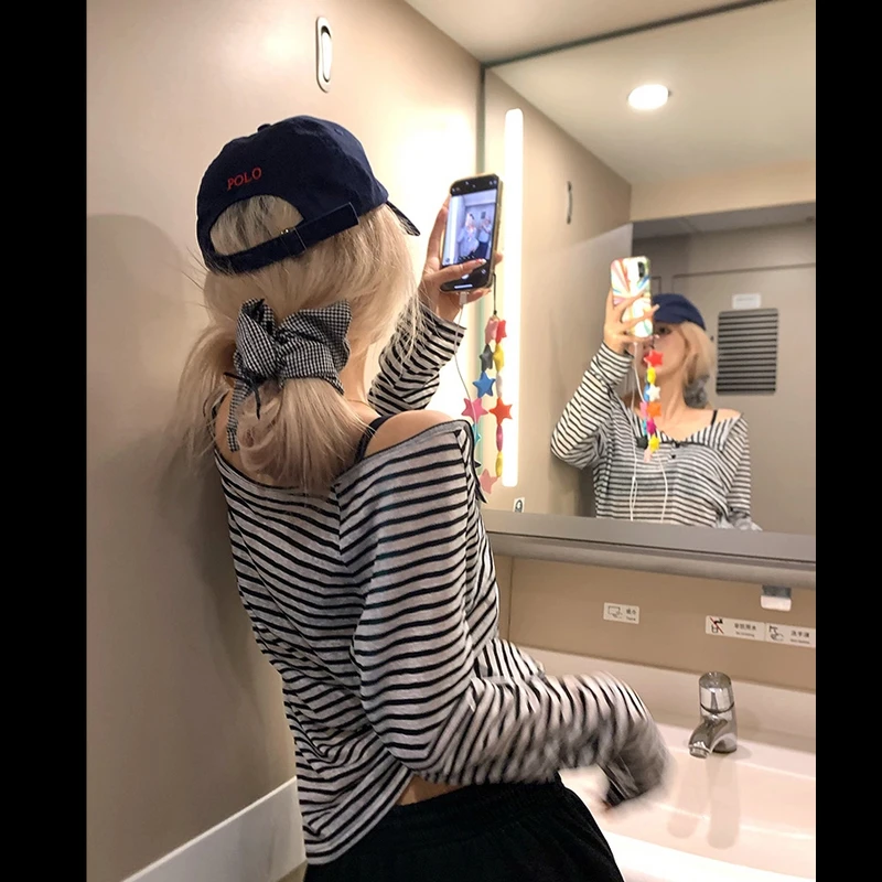 夏韩系高级感条纹撞色防晒长袖气质上衣女显瘦薄款打底衫百搭