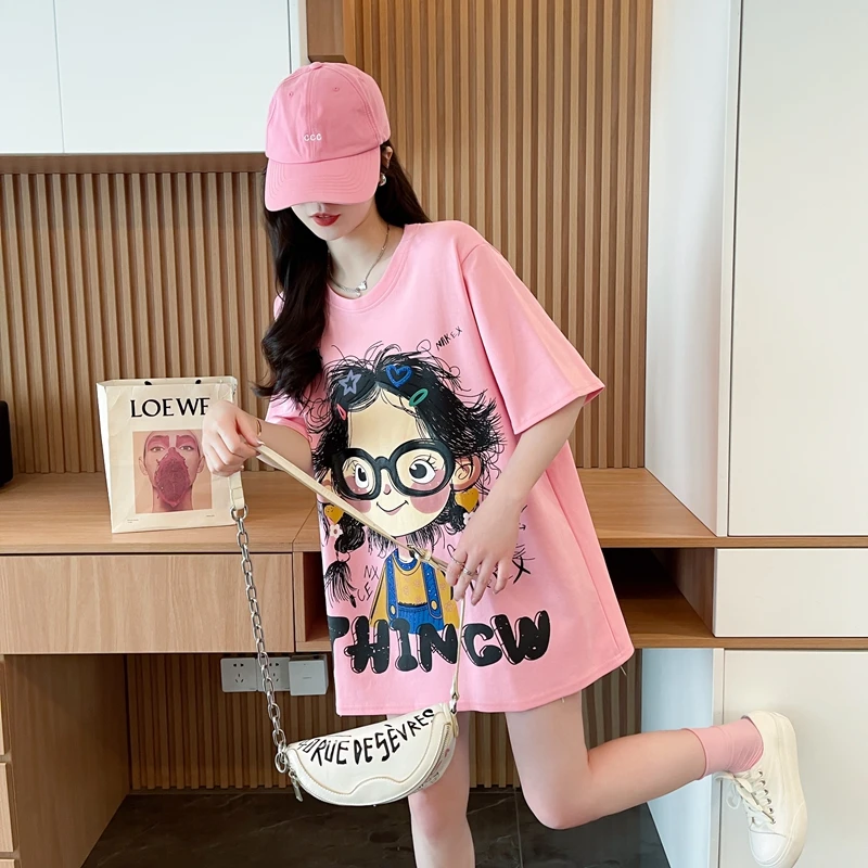 夏季宽松大码纯棉短袖T恤女韩版时尚百搭设计感卡通减龄半袖上衣
