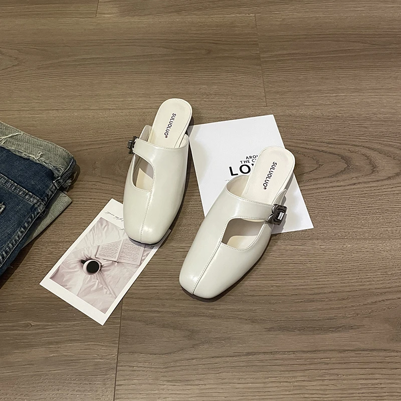 Shoe/牛皮/2.5CM粗跟凉拖镂空包头半拖一脚蹬懒人鞋百搭方头F3278