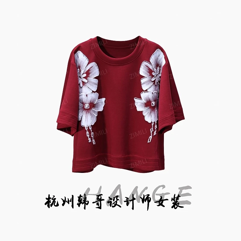 【韩哥女装】2025欧版安可拉红撞色印花钉珠高克重休闲短袖8767-C8