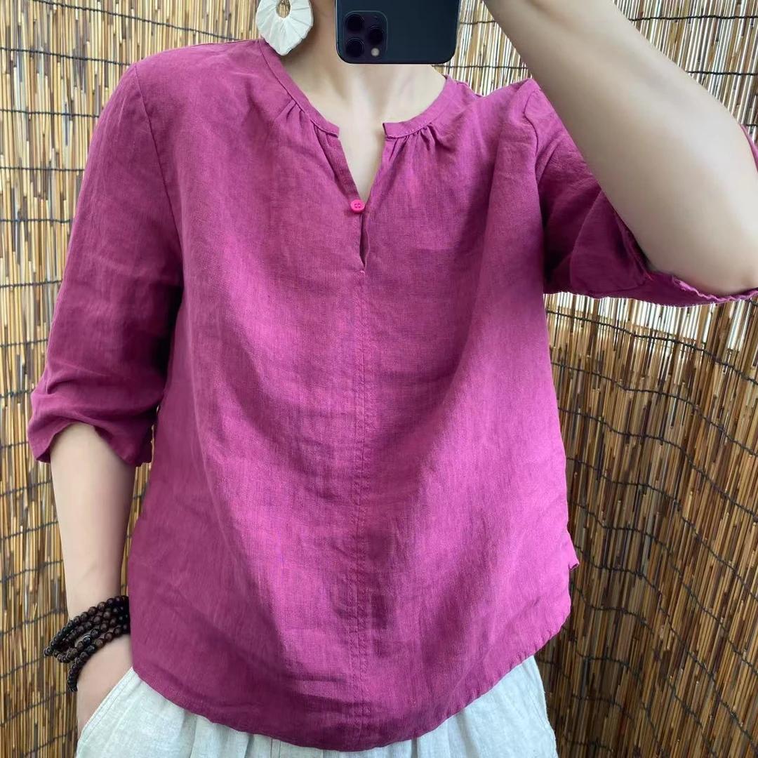 401酵素洗汉麻V领口一粒扣设计衬衫
