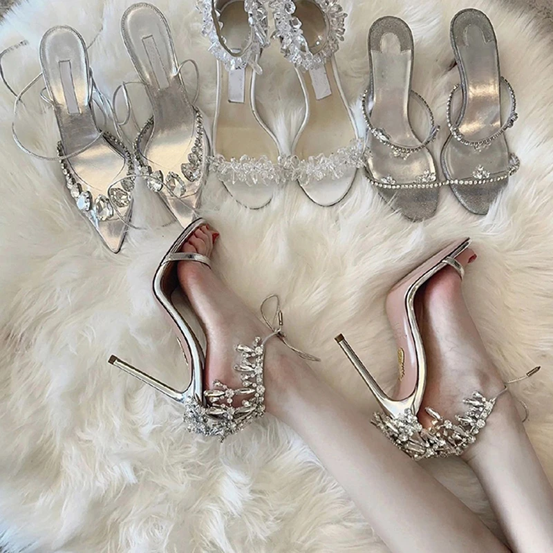 样皮版~~法式水钻高跟鞋女细跟银色仙女风性感露趾一字扣水晶凉鞋
