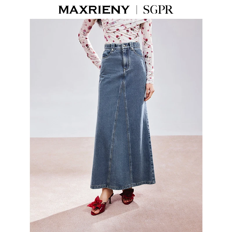 MAXRIENY【商场同款】2025春季新款精致收腰A字版型显瘦牛仔半身裙