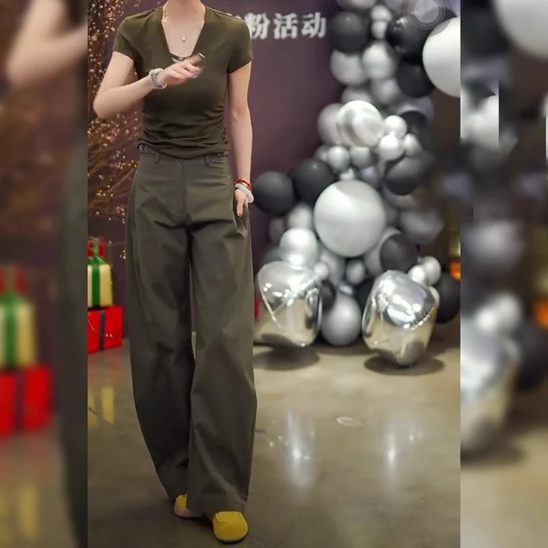 2025夏季新款高腰显瘦直筒裤女宽松休闲百搭褶皱阔腿裤潮牌工装裤