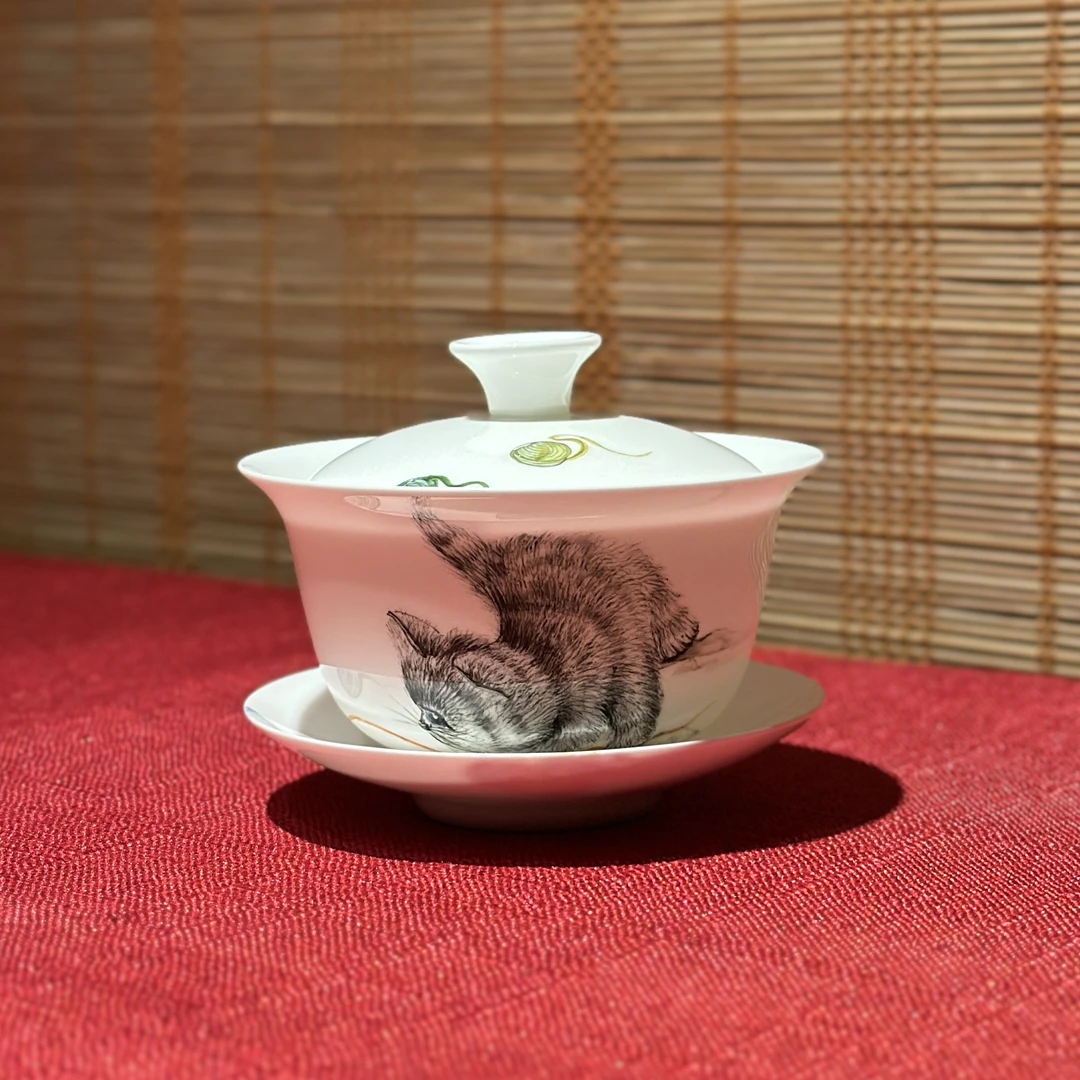 手绘薄胎骨瓷盖碗全满160毫升 盖下120毫升/猫影戏绒
