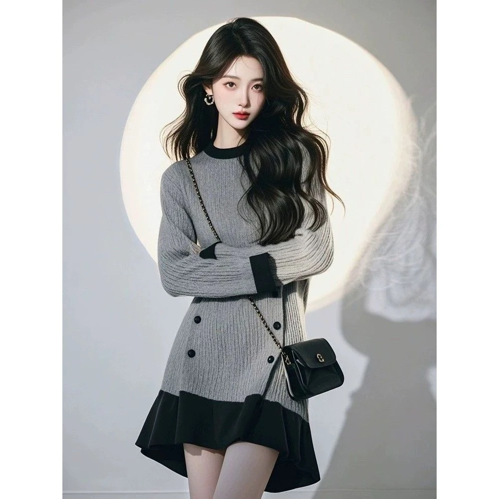 2025春季今年流行气质经典百搭高级慵懒风好看灰色拼接休闲连衣裙