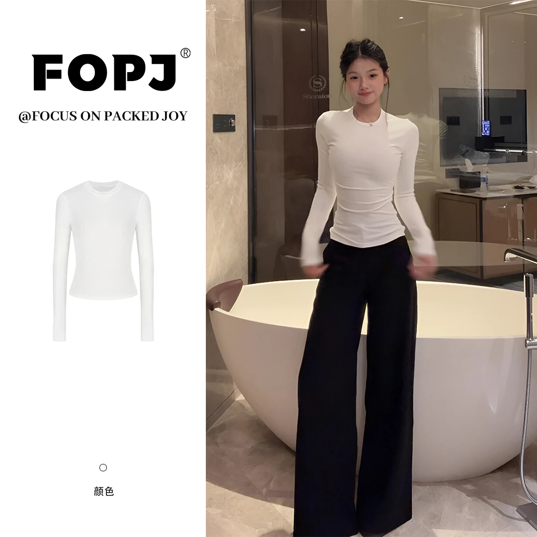 FOPJ美式辣妹圆领T恤女早秋新款纯欲风修身显瘦时尚设计感打底衫