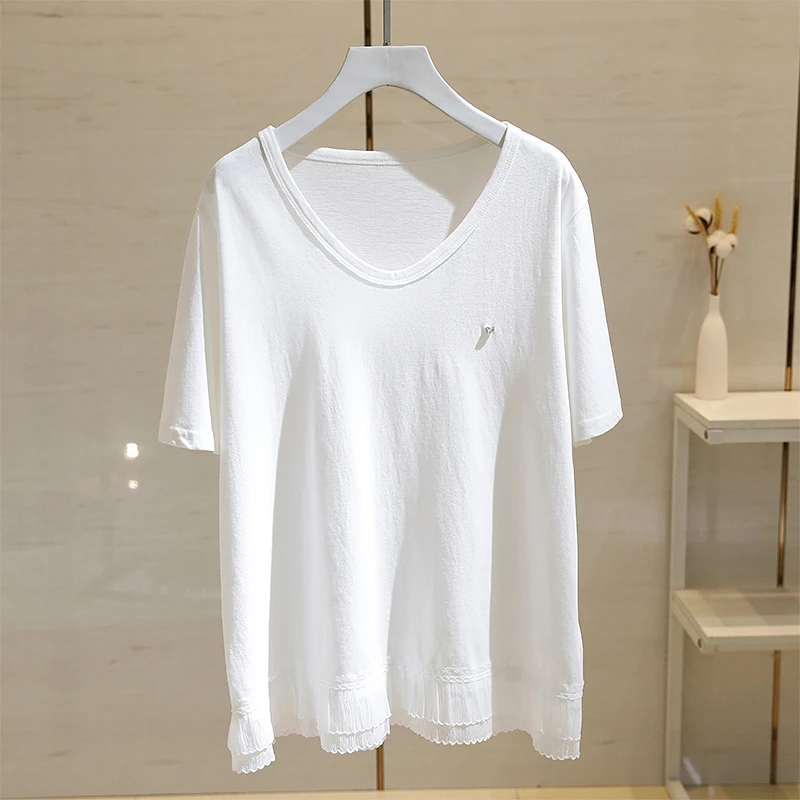 culv白色V领短袖T恤女夏季新款设计感蕾丝花边拼接打底衫体恤上衣