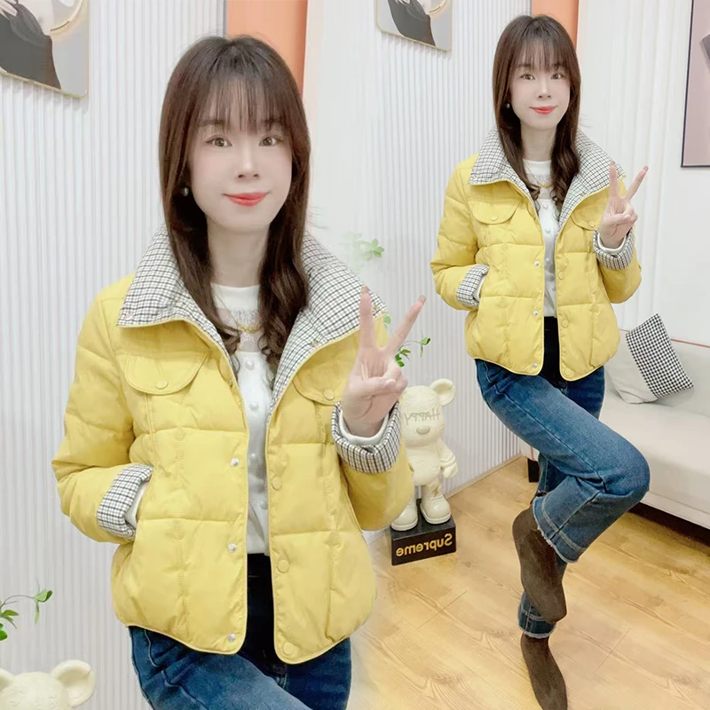 时尚格纹拼接棉服女2025冬季新款韩系短款棉衣小个子棉袄保暖外套