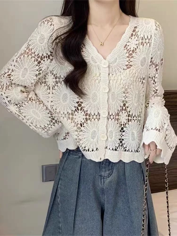 女装百搭宽松型防晒镂空洋气少女风时尚针织衫女（下单请背着编码）