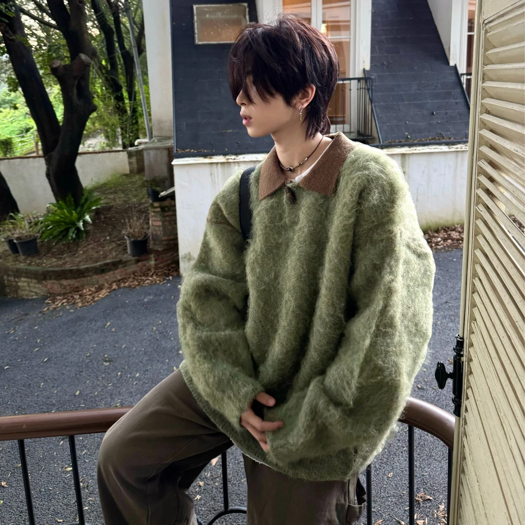 时髦复古纯色宽松慵懒风韩系秋冬新款拼接cleanfit翻领百搭毛衣潮