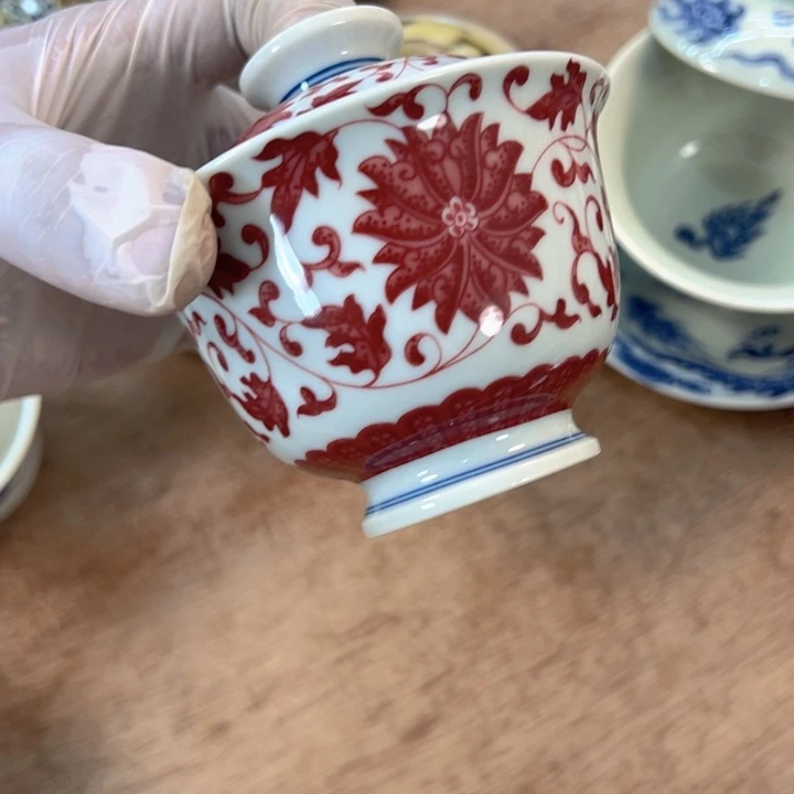 瓷片釉红缠枝莲云池盖碗完品