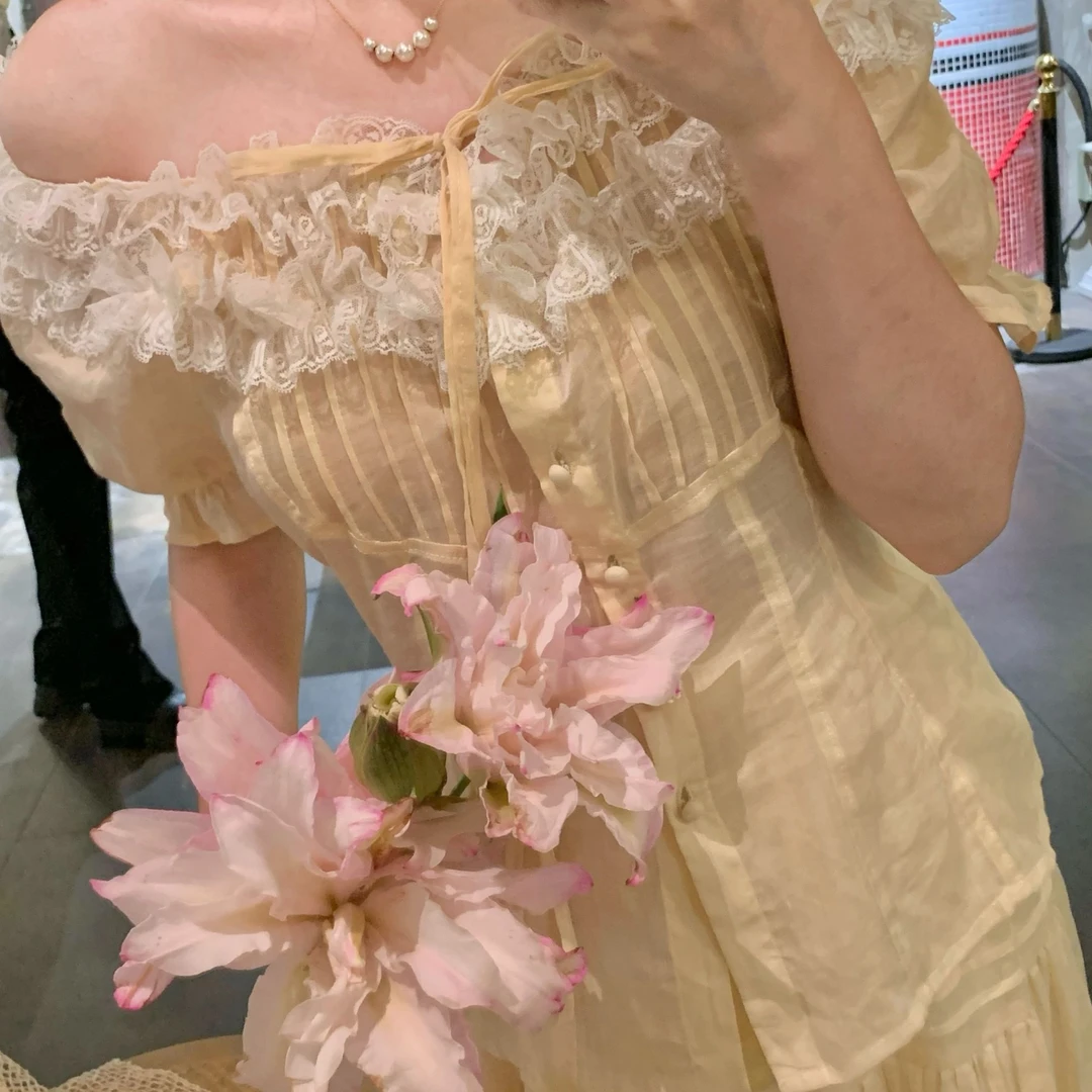 sewingdiary原创手工缝纫 奶油茶会 苎麻卡其色蕾丝上衣半裙套装