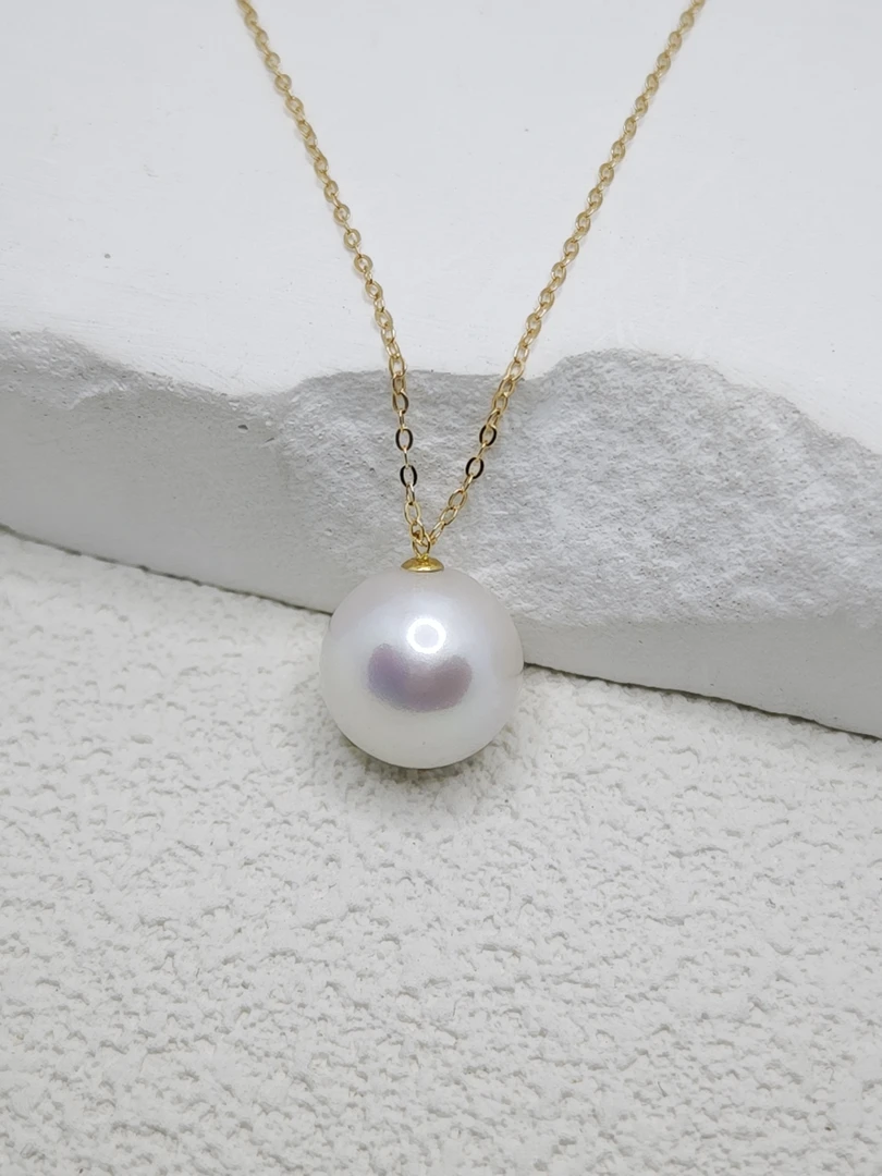 [泠泠甄选]淡水珍珠大龙珠吊坠白色经典 13-14mm 18k金扣头