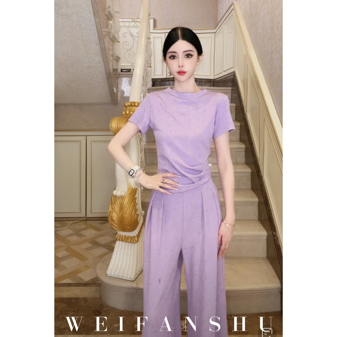 WEIFANSHU/魏凡舒【小资假期】夏季新款高级感烫钻简约T恤长裤套装