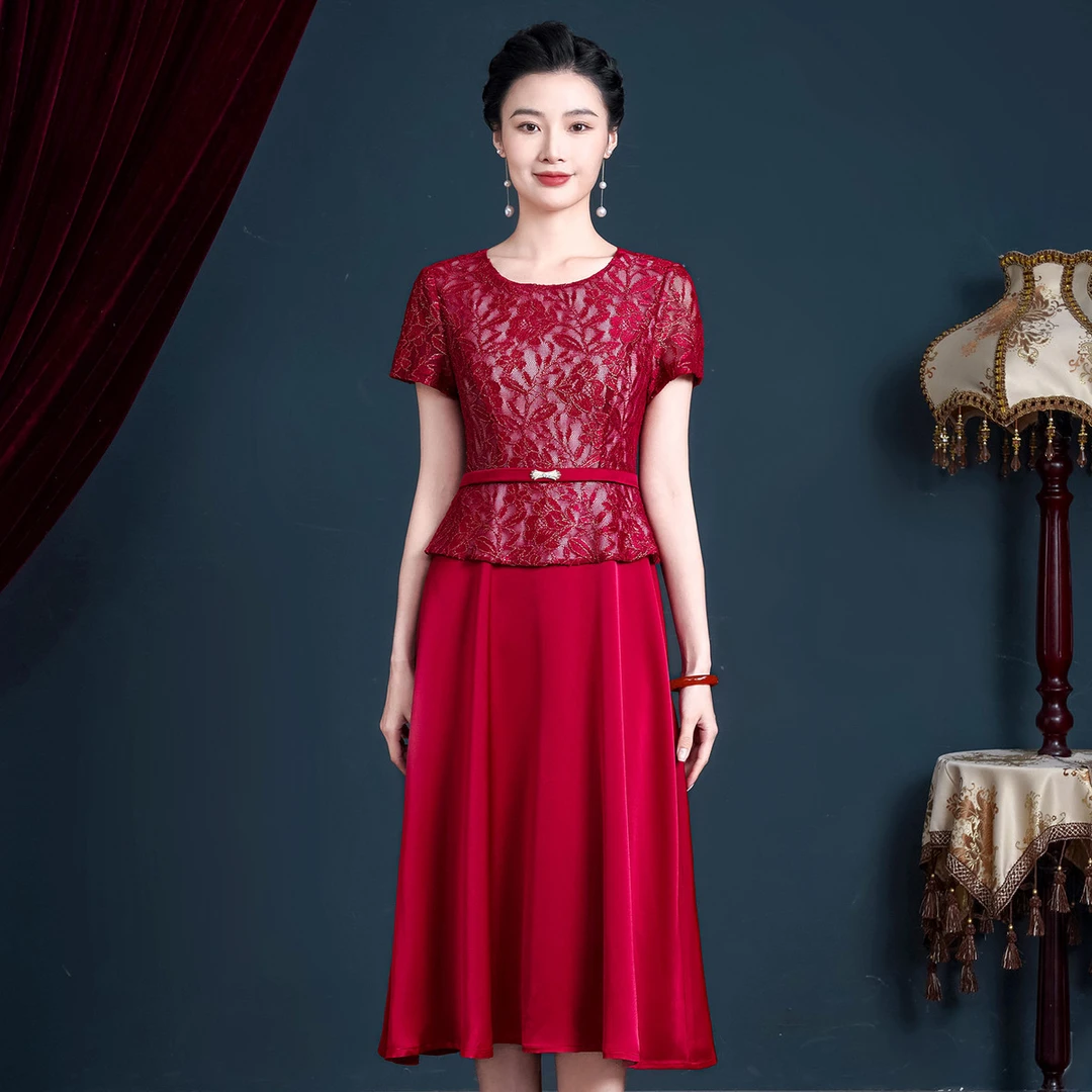 高贵年轻婚宴妈妈晚礼服高端气质结婚喜婆婆旗袍酒红色连衣裙夏装