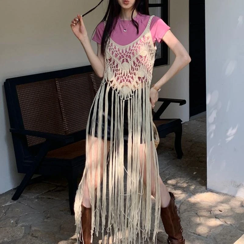 夏季时尚手工钩织流苏波西米亚风吊带连衣裙外搭女上衣