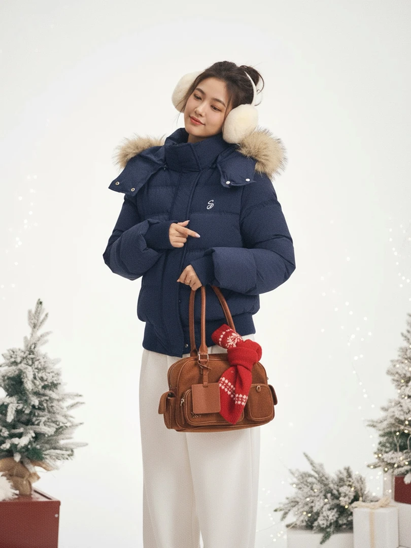 iNSLiiSA连帽毛领藏青色羽绒服女白鸭绒小个子复古设计感加厚外套