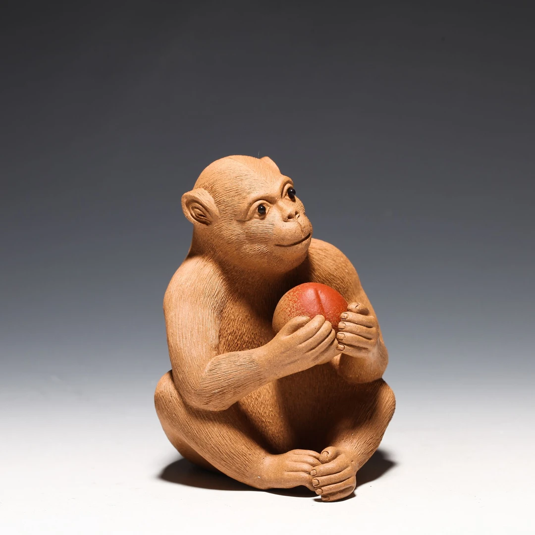 紫砂摆件 茶宠 殷小平全手工小猴子瑞猴献桃尺寸高10CM宽7.5CM