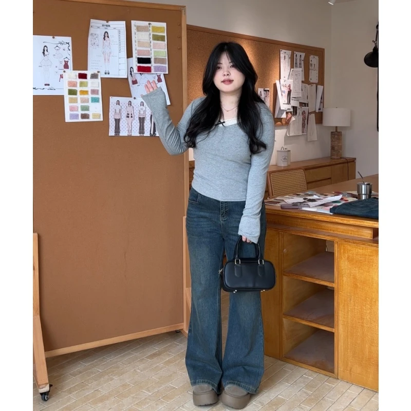 韩嘟集【秋冬上新】中高腰喇叭裤大码洋气微喇牛仔裤女款