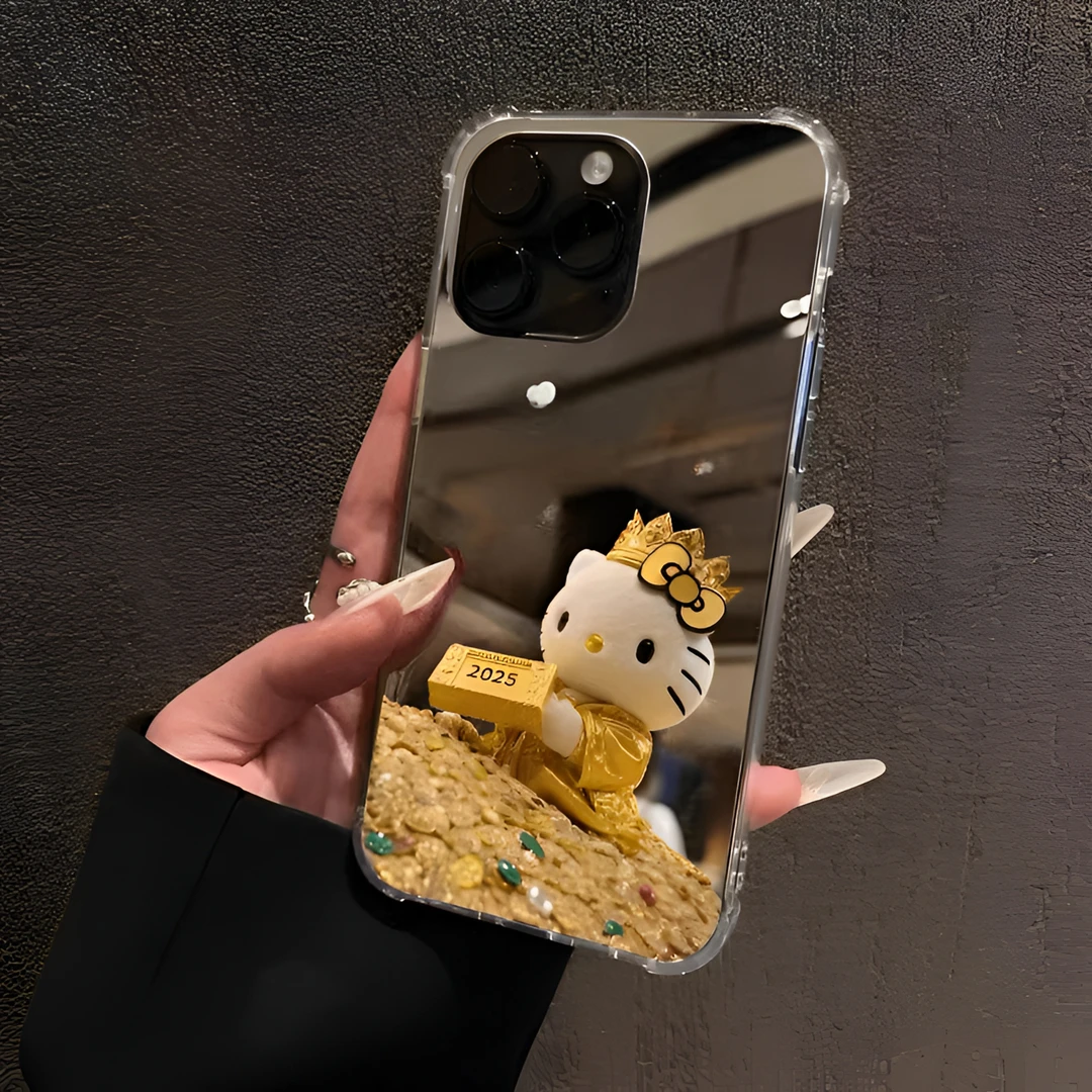 2025新年金色凯蒂猫适用于苹果16promax手机壳15plus镜面14黄金13