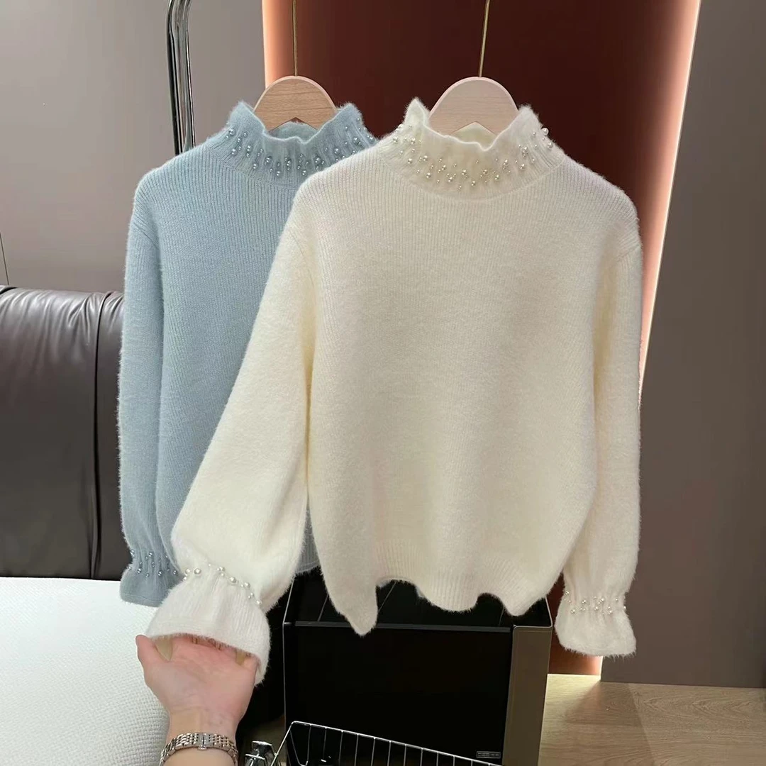 不起球 木耳边喇叭袖钉珠毛衣女气质显白针织衫上衣