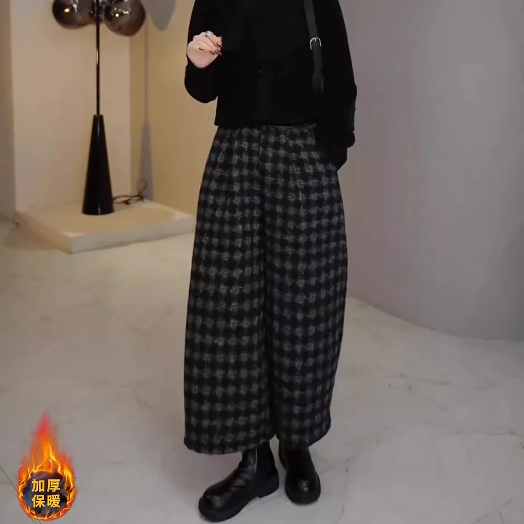 加绒加厚保暖格纹休闲裤女2025新款秋冬季复古宽松显瘦百搭阔腿裤