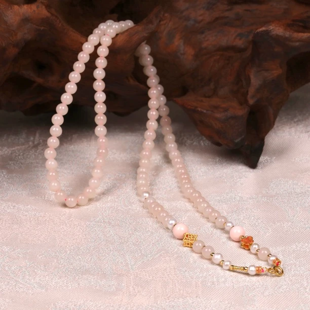 卡5mm18k金镶上等正宗和田玉藕粉珠链百搭叠戴单戴吊坠链ZF0003