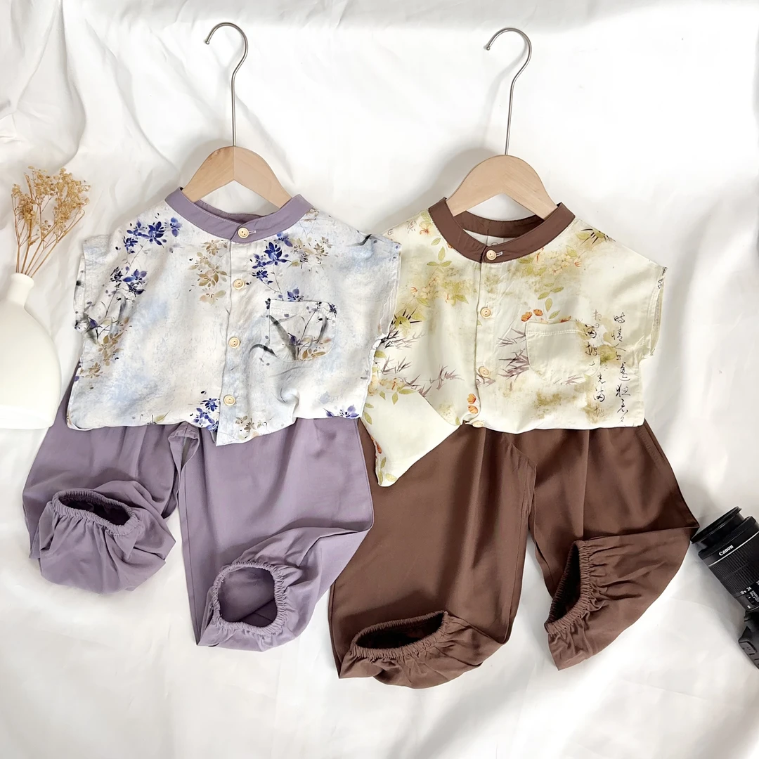 棉绸儿童【长裤套装】山东青岛人造棉男女童夏季两件套古风腔调感