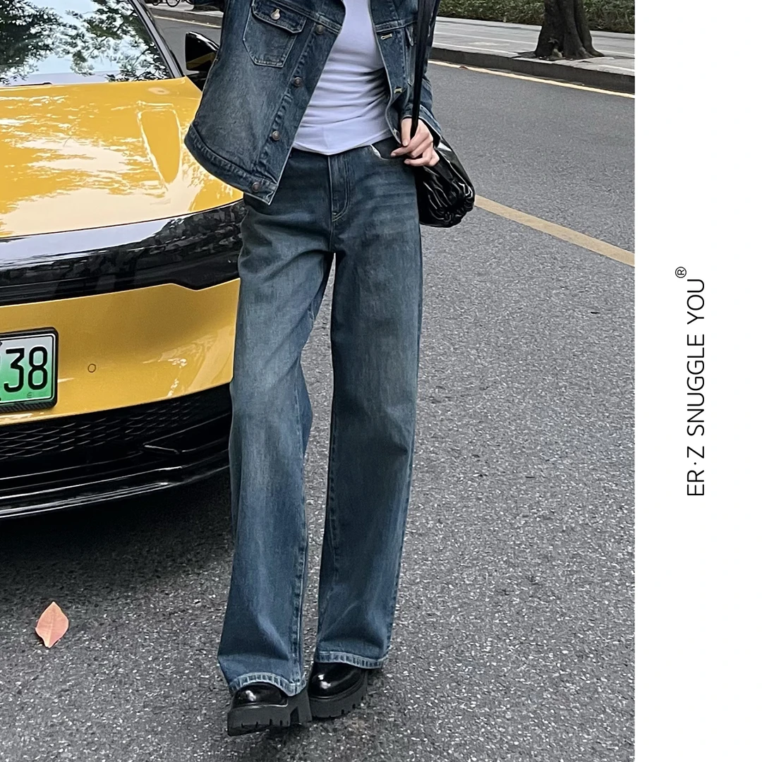 ERZ墨小墨|土耳其棉蓝色直筒牛仔裤女士复古水洗休闲牛仔 PN10336