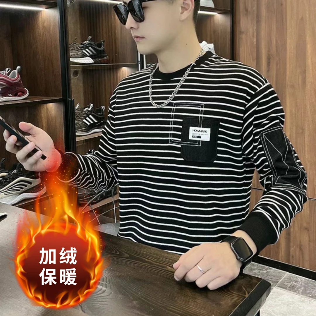 2025秋冬百搭男士日常潮流打底条纹长袖圆领保暖套头卫衣休闲潮牌