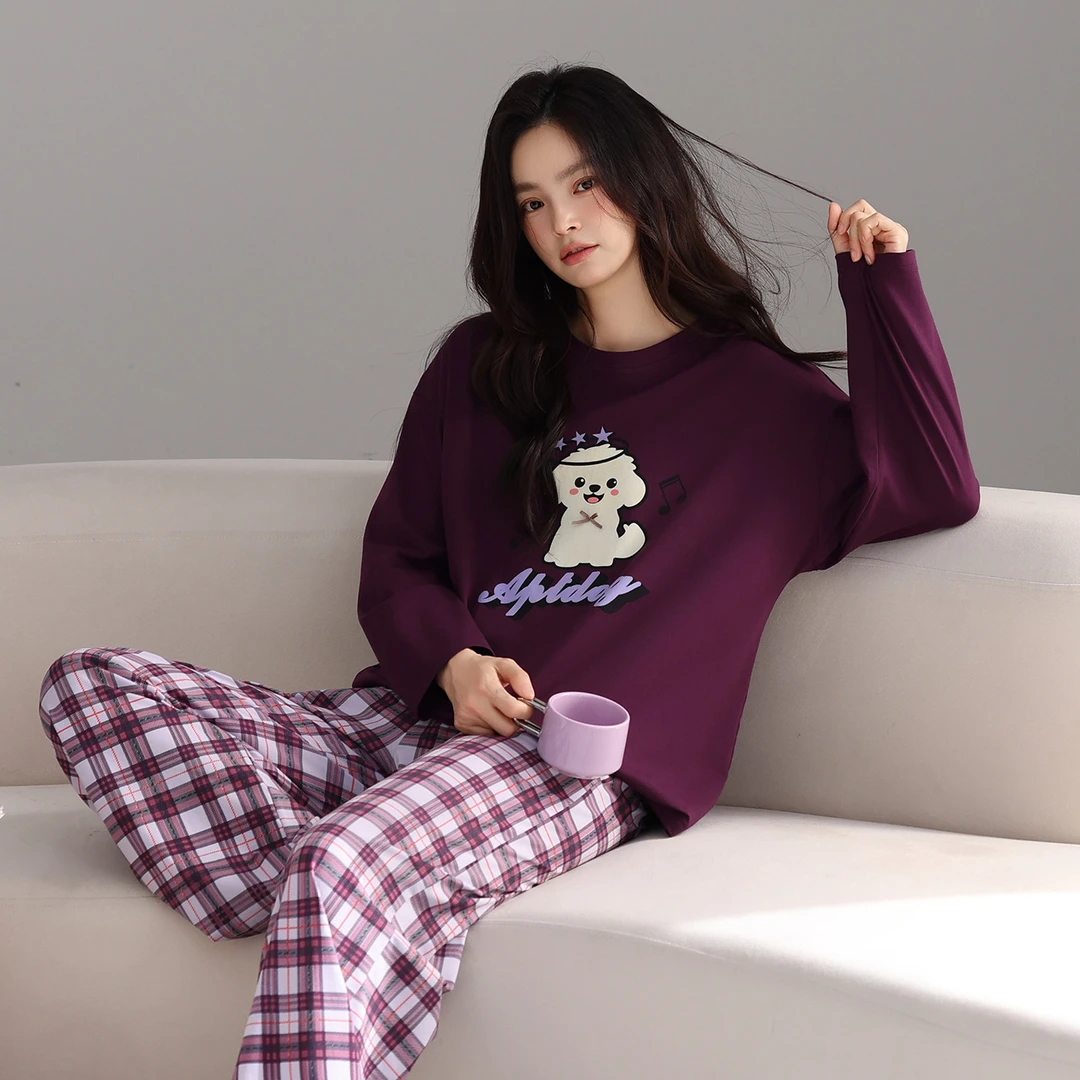 秋冬女士睡衣休闲爽棉宽松长袖卡通狗薄款家居服套装时尚可外穿