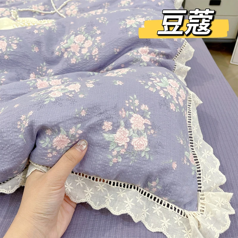 皱皱纱小碎花花边款四件套床单款夏季宿舍床笠款少女心韩版公主风