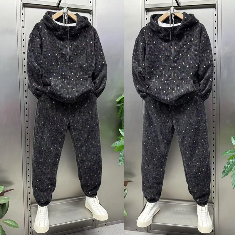 冬季男女同款连帽套装加厚老钱风雪尼尔卫衣卫裤两件套休闲运动装