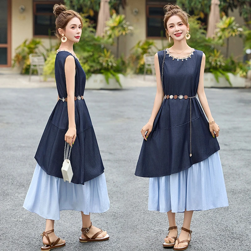 2025夏季新款法式气质小众设计感不规则撞色拼接显瘦背心连衣裙潮