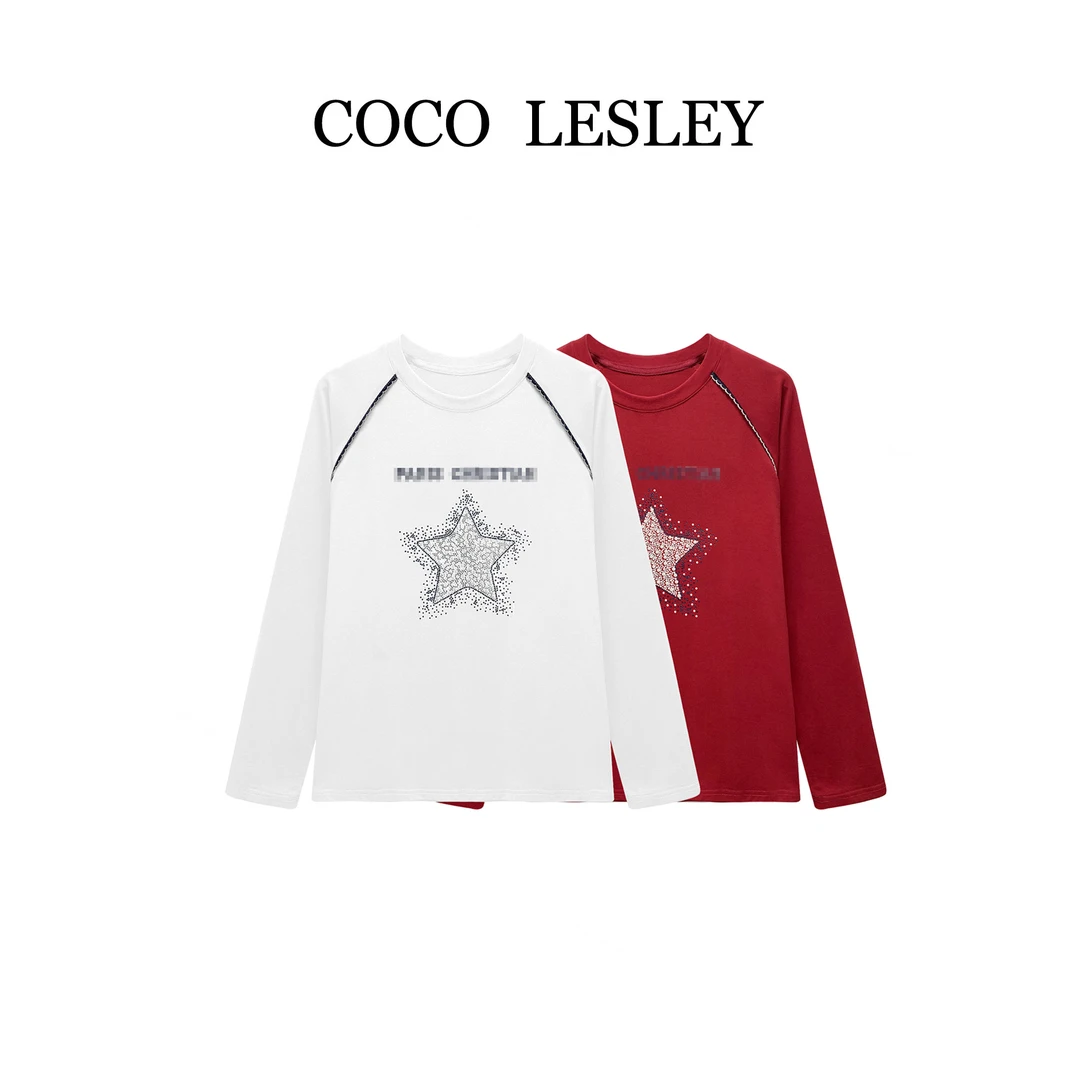 【COCO LESLEY】68208#轻奢时尚烫钻长袖T恤2025显瘦休闲个性上衣潮
