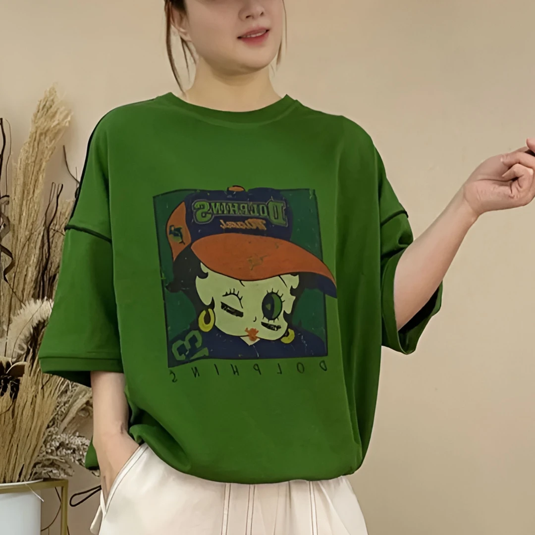 夏季宽松休闲棉质T恤女2025新款印花卡通宽松休闲短袖韩版上衣女