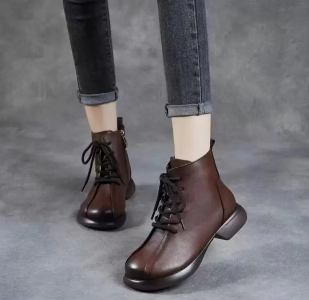 郡主家23620复古百搭秋冬粗跟中跟圆头侧拉链软底马丁靴